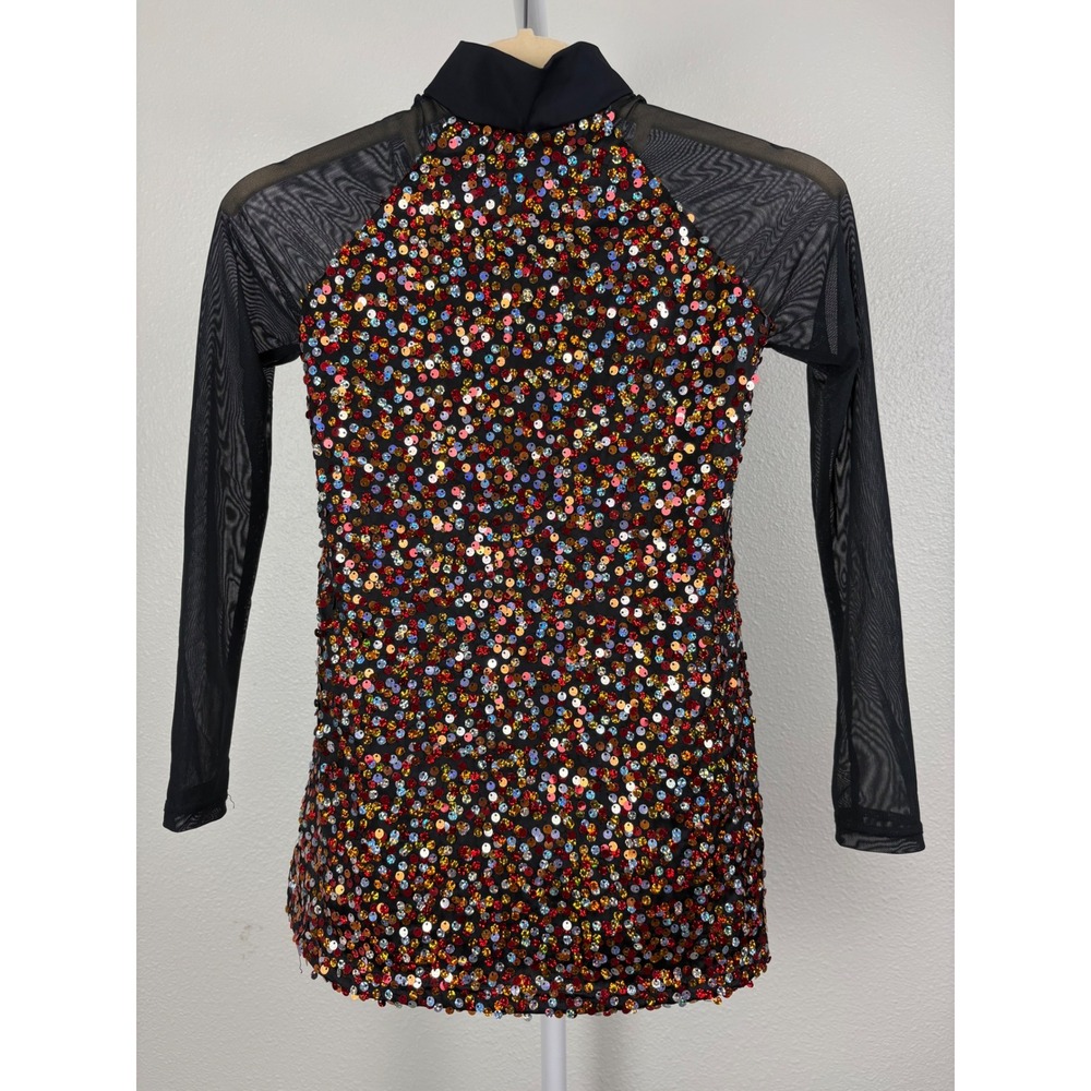 Balera Kids MC Multicolor Sequin Dance Costume Mesh Sleeve Cutout Back Dress